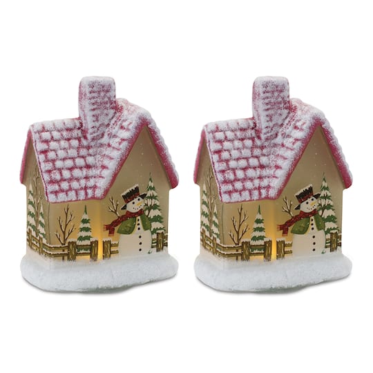 7.5" Frosted Glass Home with Snowman LED Tabletop Town Décor Set
